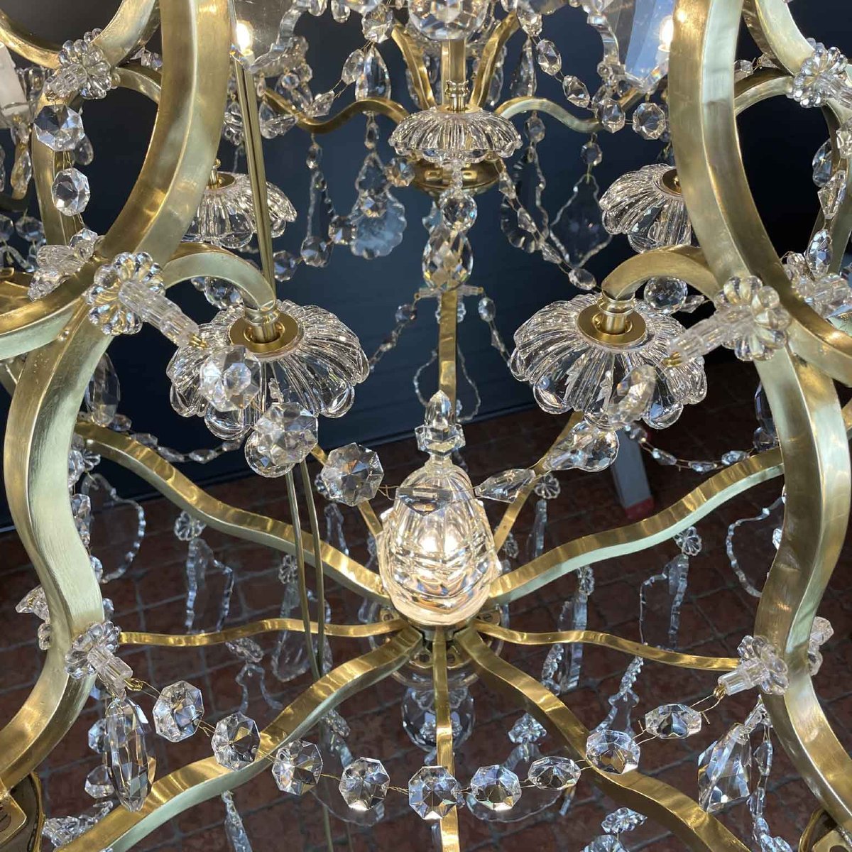 Grande Lampadario In Ottone E Cristallo A 31 Luci Restaurato 1950 Circa-photo-8