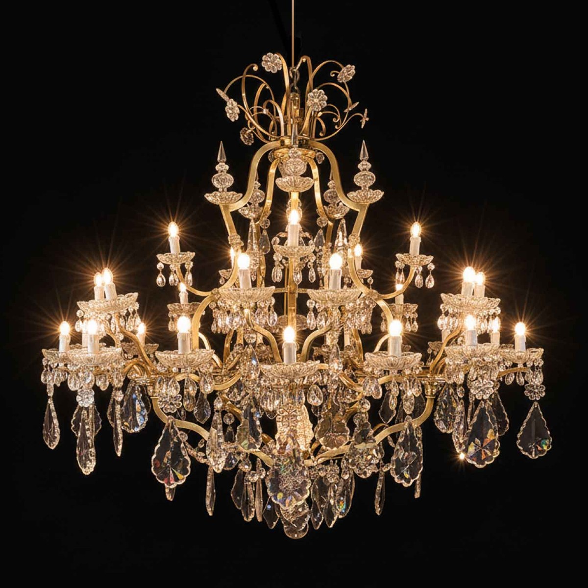 Grande Lampadario In Ottone E Cristallo A 31 Luci Restaurato 1950 Circa