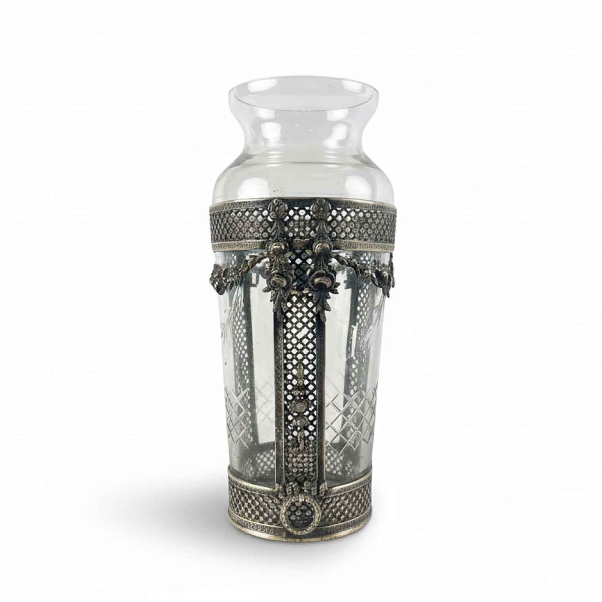 Vaso Da Fiori In Cristallo Molato Con Decorazioni In Metallo Argentato 1920 Circa