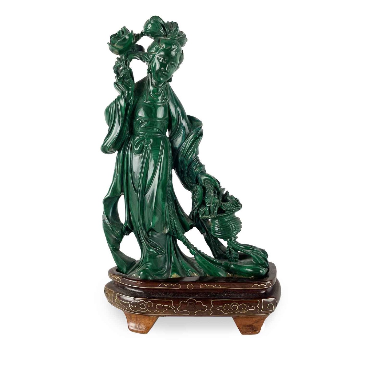 Figura Di Donna Cinese In Malachite Con Fiori
