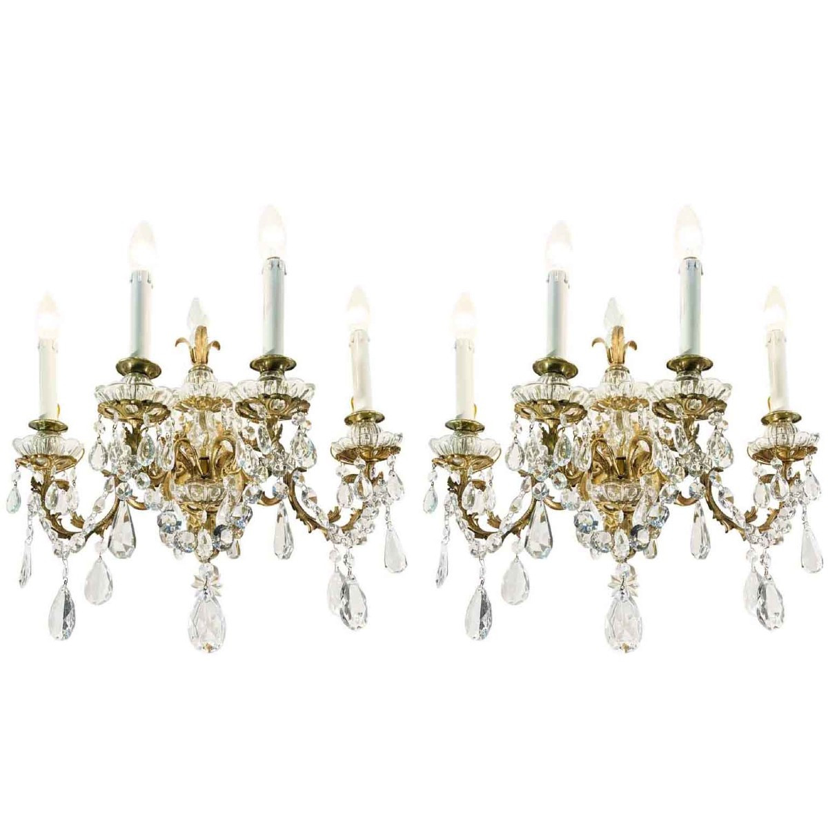 Coppia di Appliques a Quattro Luci in Cristallo e Bronzo Inizi 1900