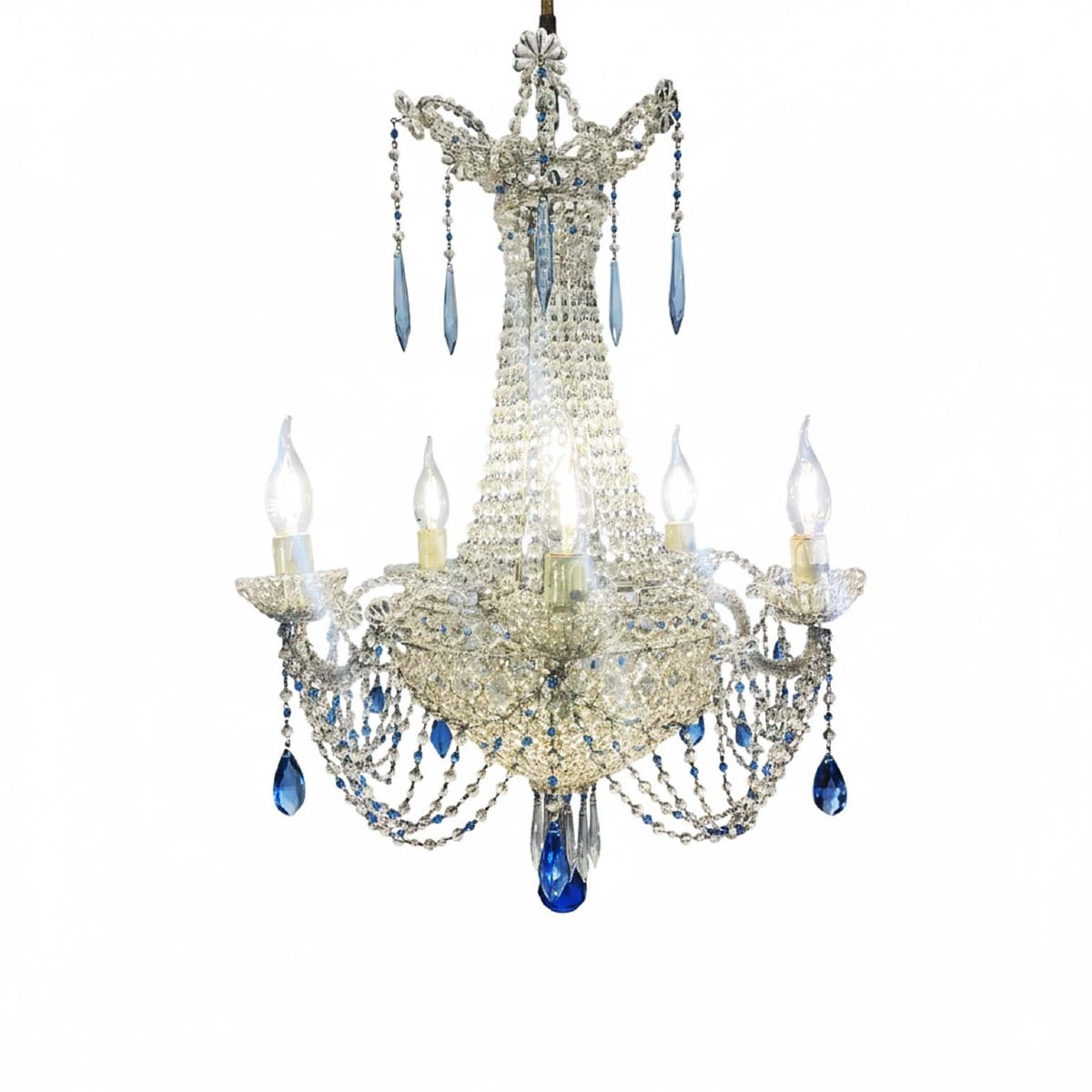 Lampadario Con Perline Trasparenti E Cristalli Azzurri-photo-2