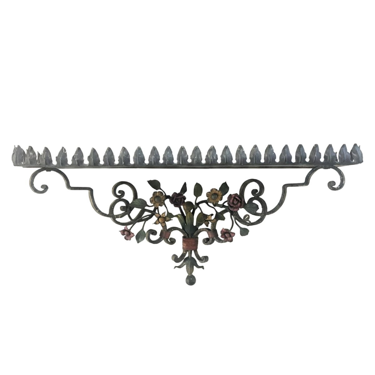 Coppia Di Mensole Rettangolari In Ferro Battuto Laccato Policromo Primi 1900-photo-2