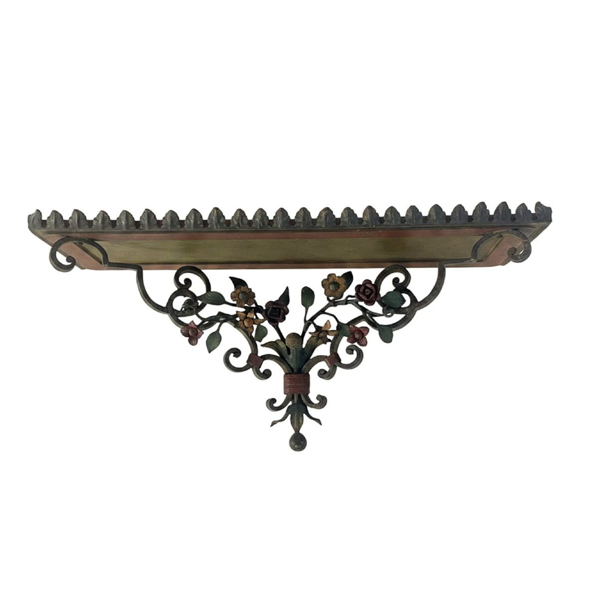 Coppia Di Mensole Rettangolari In Ferro Battuto Laccato Policromo Primi 1900-photo-3