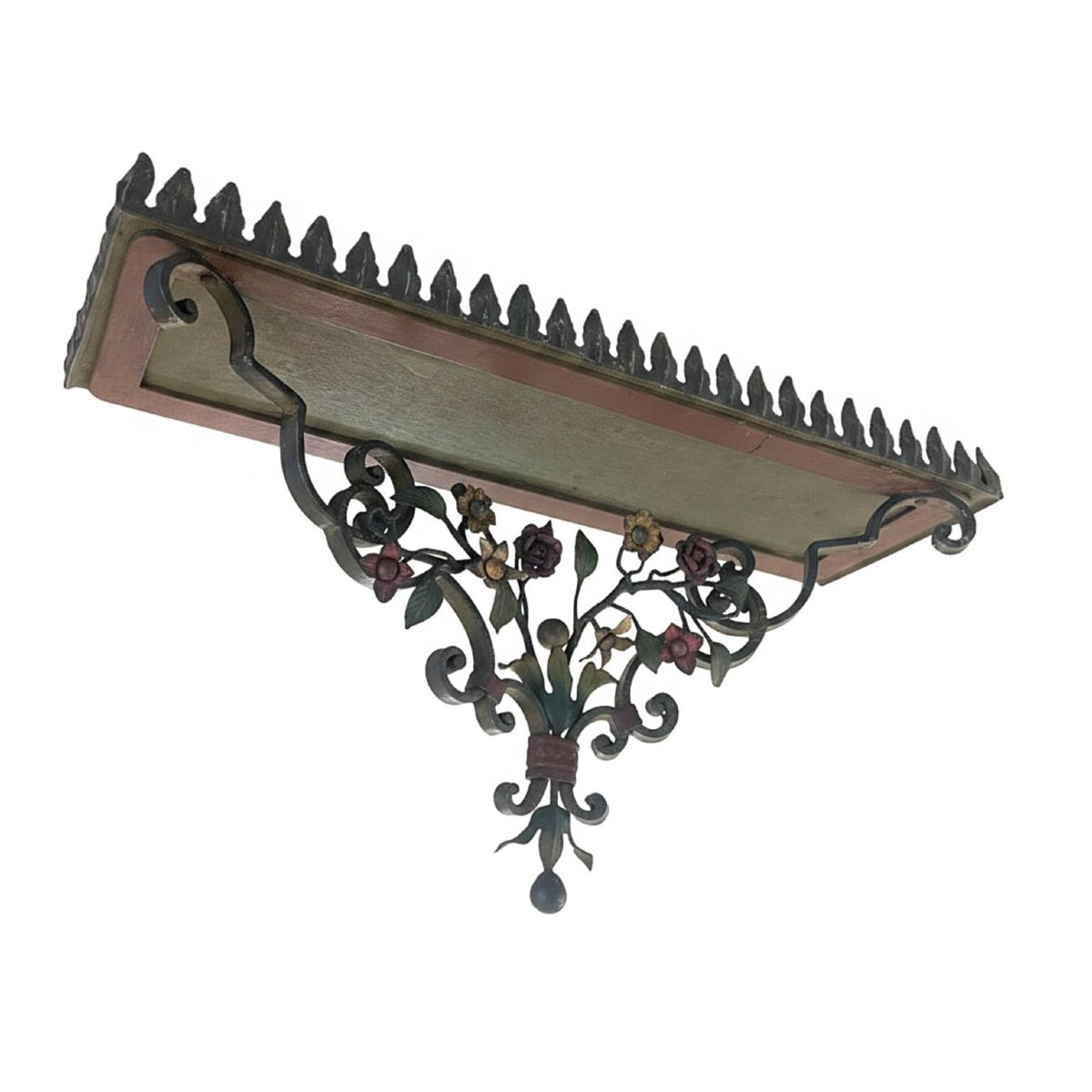 Coppia Di Mensole Rettangolari In Ferro Battuto Laccato Policromo Primi 1900-photo-4