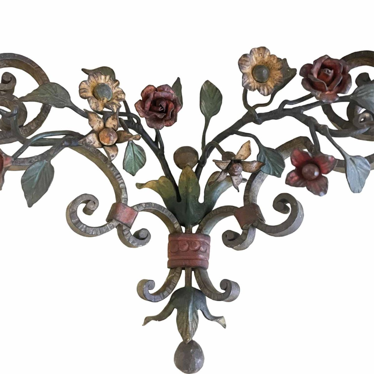 Coppia Di Mensole Rettangolari In Ferro Battuto Laccato Policromo Primi 1900-photo-1