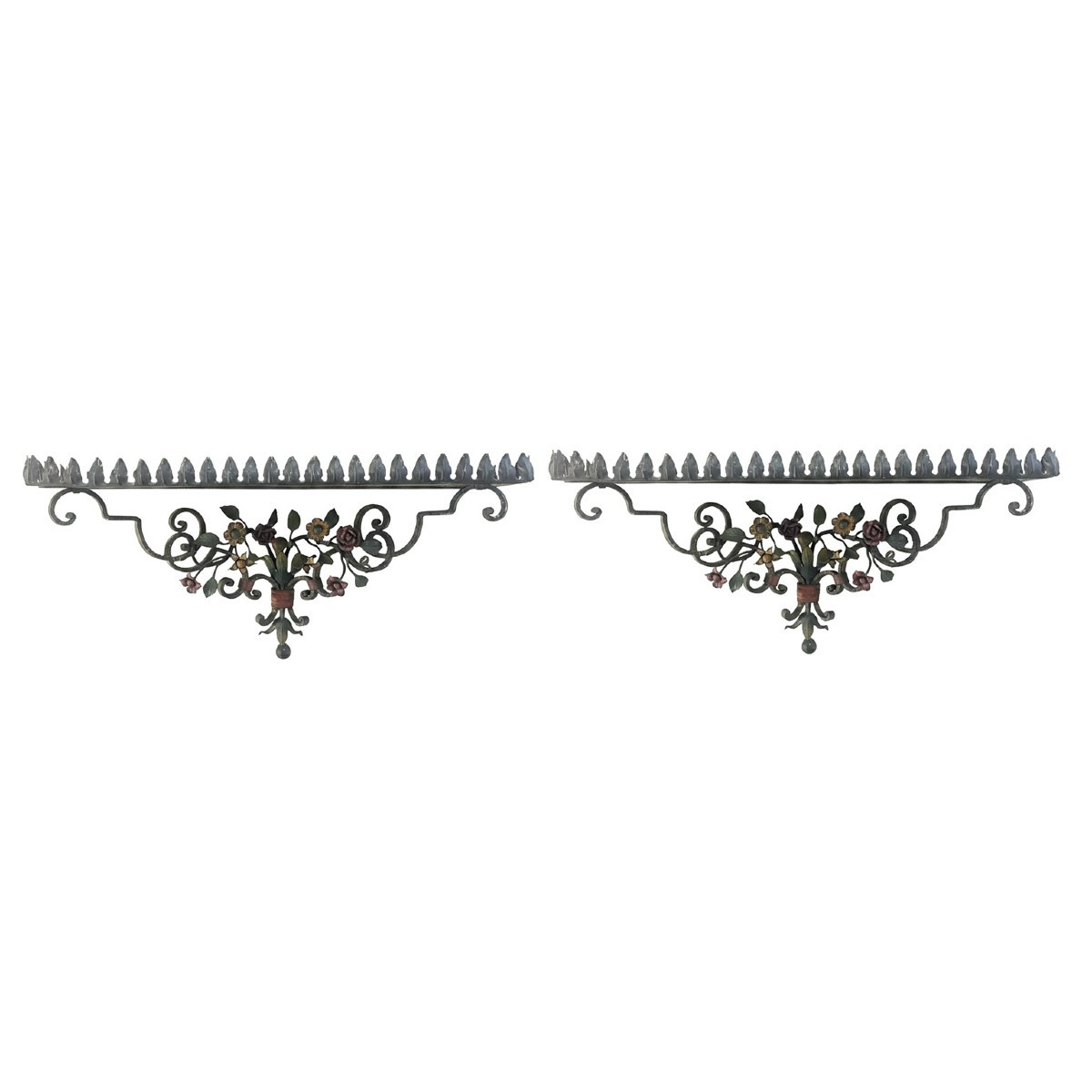 Coppia Di Mensole Rettangolari In Ferro Battuto Laccato Policromo Primi 1900