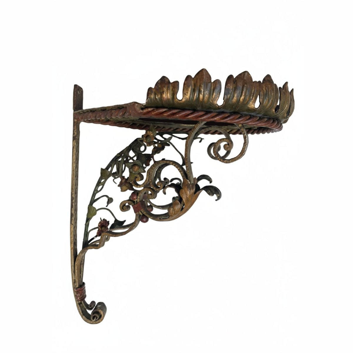 Coppia Di Mensole Angolari In Ferro Battuto Policrome Primi 1900-photo-3
