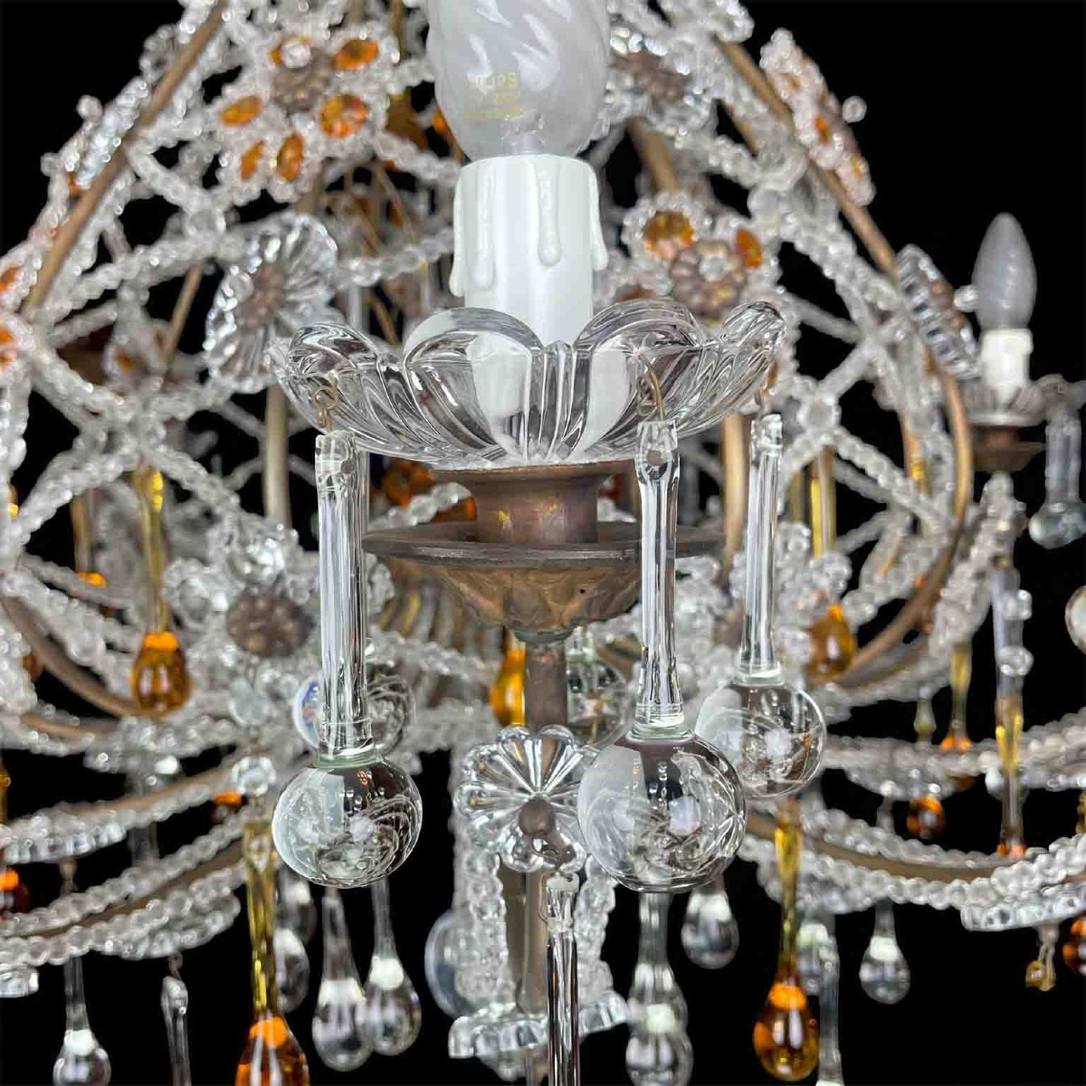 Lampadario Antico in Cristallo con Gocce Ambrate 10 luci 1950-photo-2