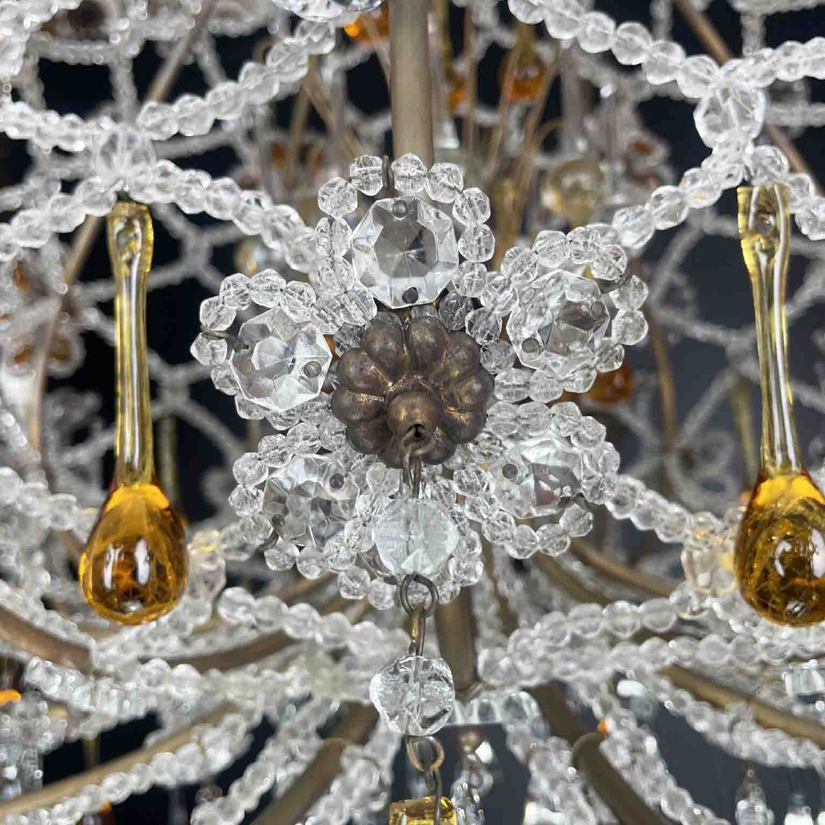 Lampadario Antico in Cristallo con Gocce Ambrate 10 luci 1950-photo-3