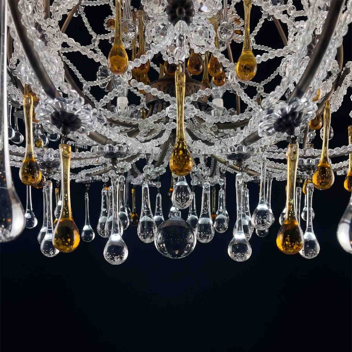 Lampadario Antico in Cristallo con Gocce Ambrate 10 luci 1950-photo-4