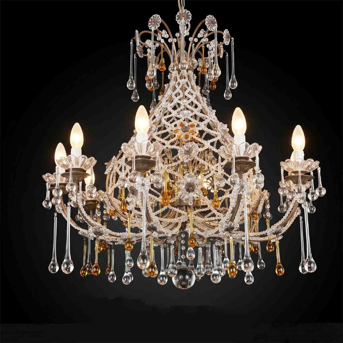 Lampadario Antico in Cristallo con Gocce Ambrate 10 luci 1950-photo-1