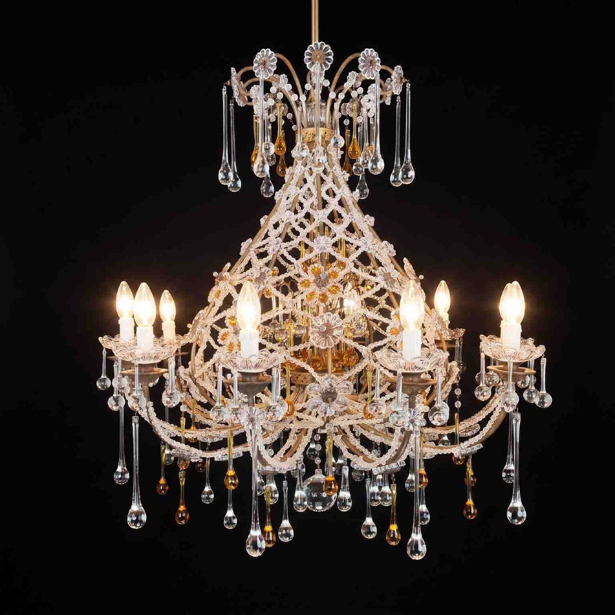 Lampadario Antico in Cristallo con Gocce Ambrate 10 luci 1950-photo-2