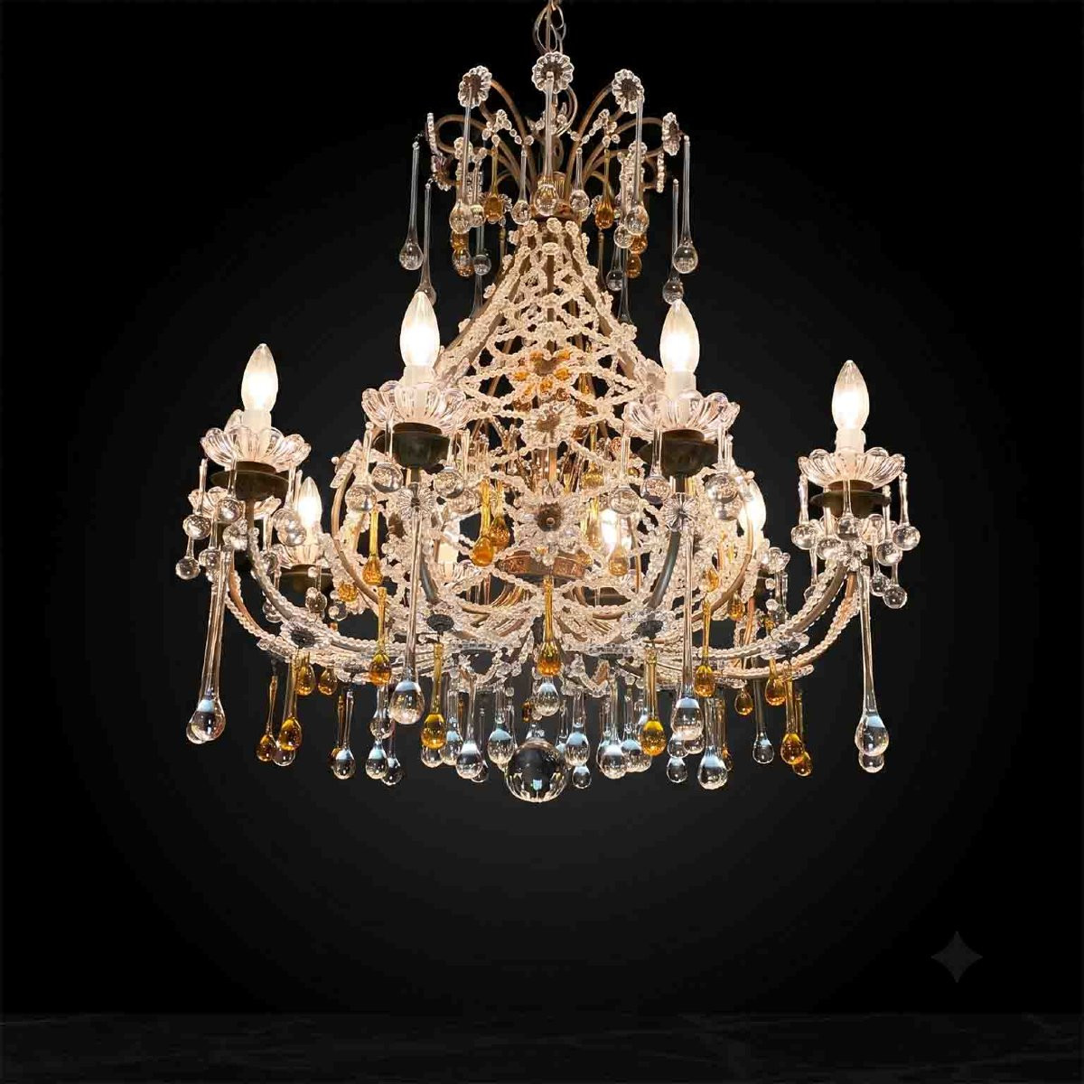 Lampadario Antico in Cristallo con Gocce Ambrate 10 luci 1950-photo-3
