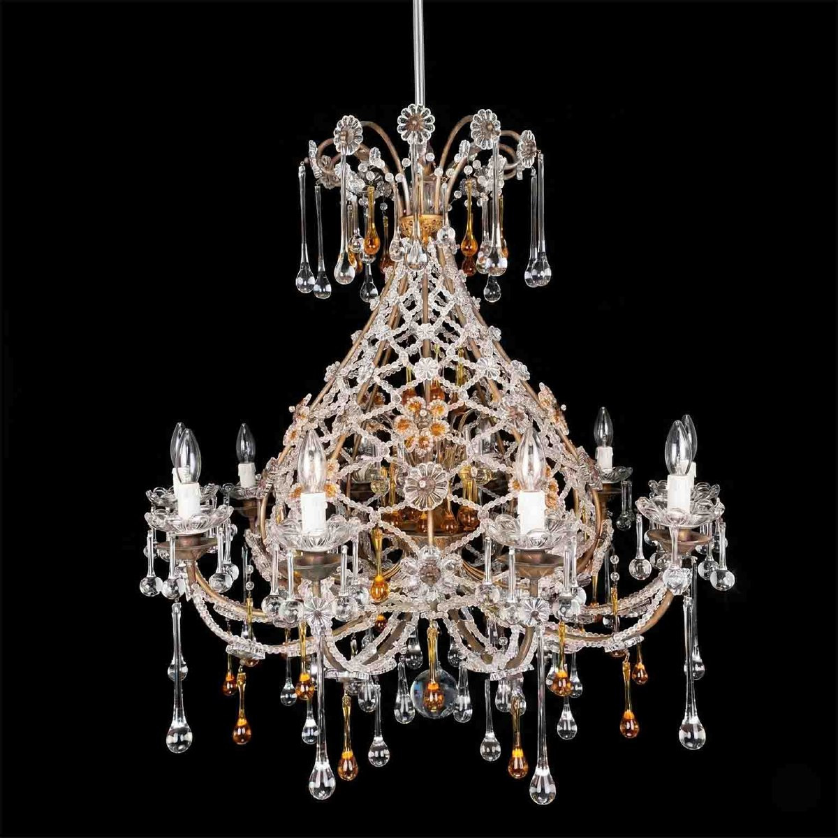 Lampadario Antico in Cristallo con Gocce Ambrate 10 luci 1950-photo-4