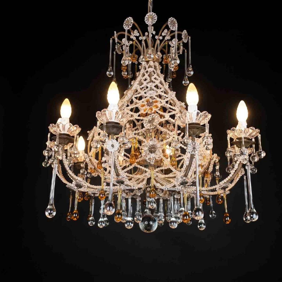 Lampadario Antico in Cristallo con Gocce Ambrate 10 luci 1950-photo-6