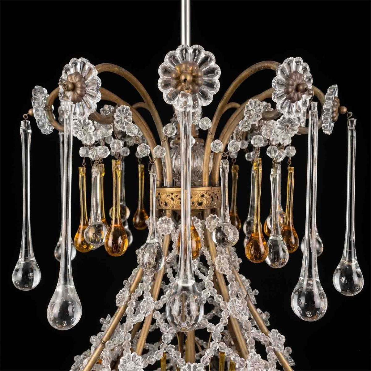 Lampadario Antico in Cristallo con Gocce Ambrate 10 luci 1950-photo-7