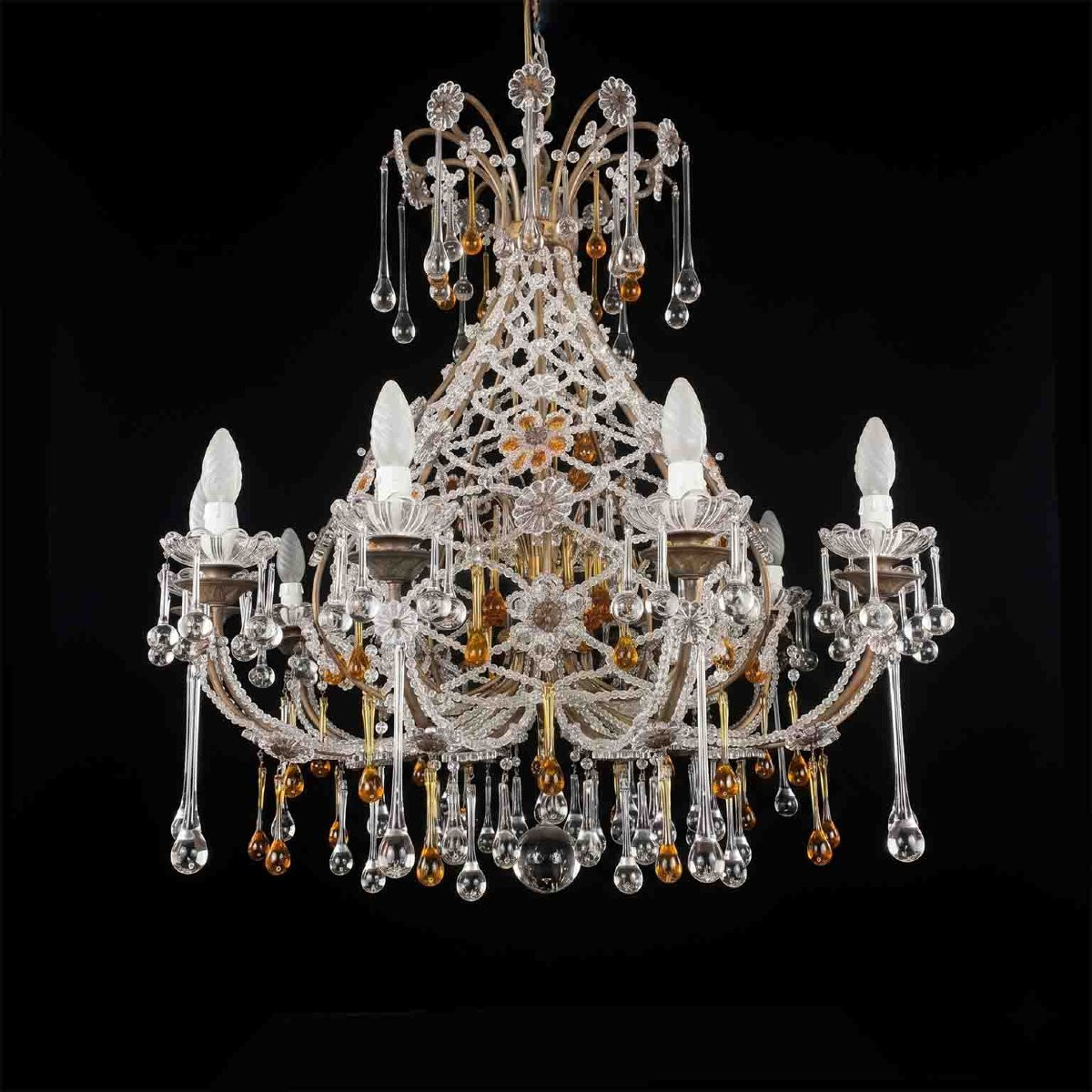 Lampadario Antico in Cristallo con Gocce Ambrate 10 luci 1950-photo-8