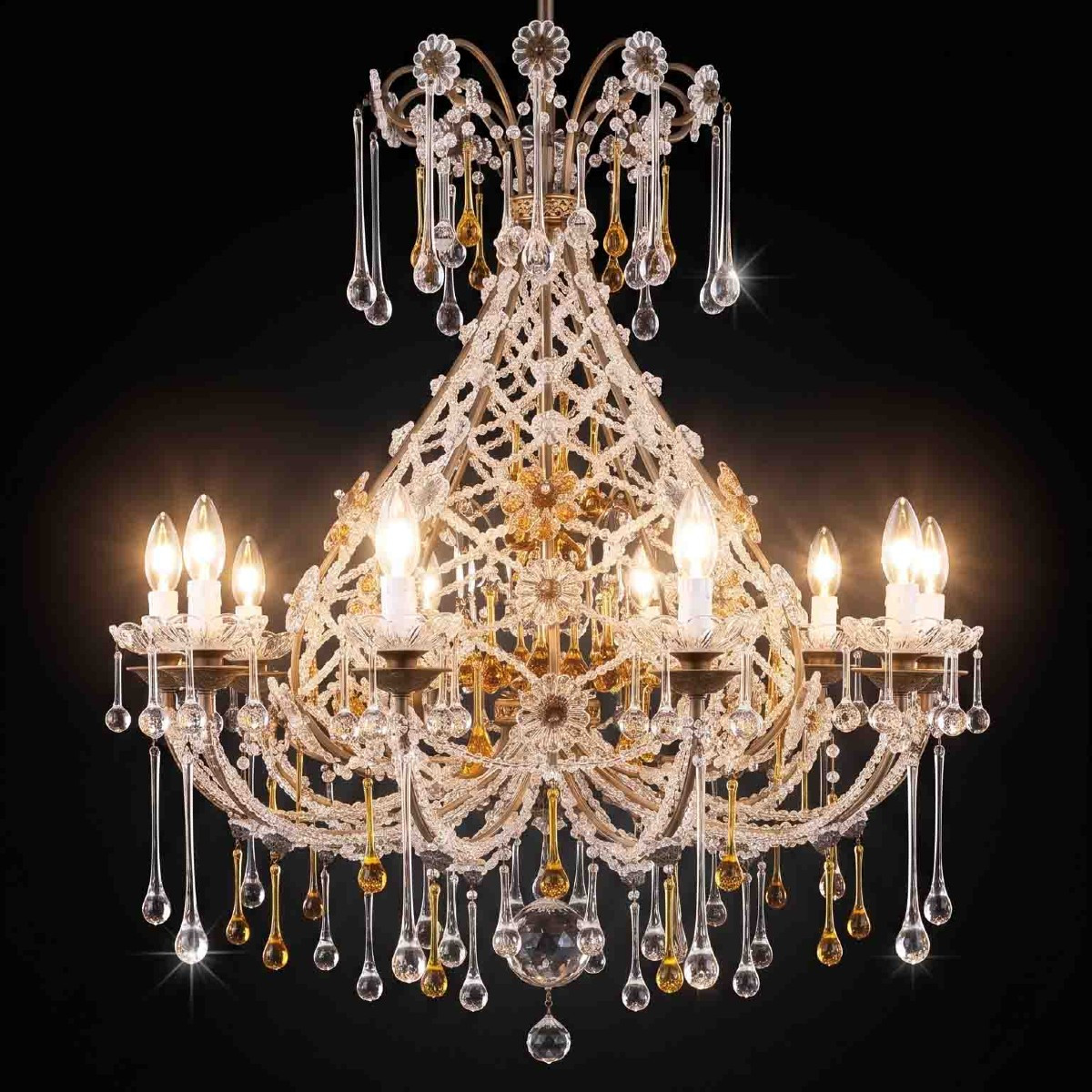 Lampadario Antico in Cristallo con Gocce Ambrate 10 luci 1950