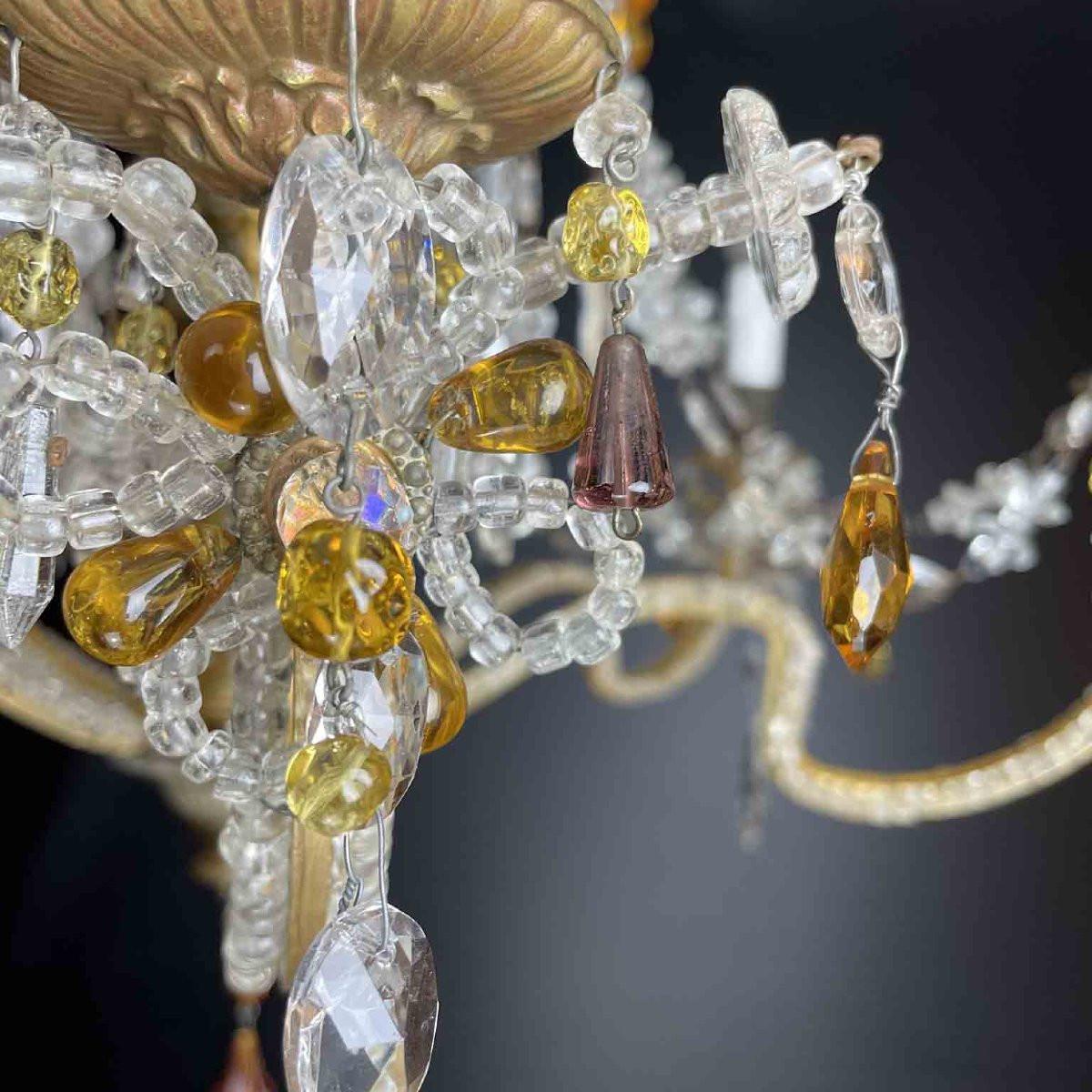 Lampadario in Cristallo Trasparente Anni 30 con Dettagli Giallo Pallido e Ambra-photo-6