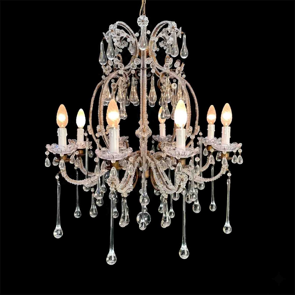 Antico Lampadario a Gabbia Perlinato con Cristalli 8 Luci-photo-2