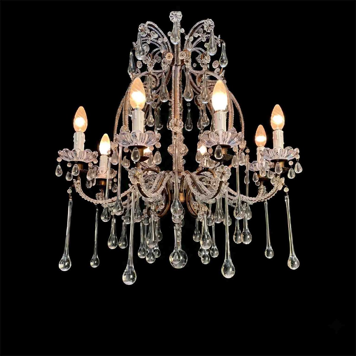 Antico Lampadario a Gabbia Perlinato con Cristalli 8 Luci-photo-3