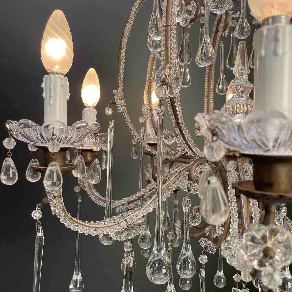 Antico Lampadario a Gabbia Perlinato con Cristalli 8 Luci-photo-4