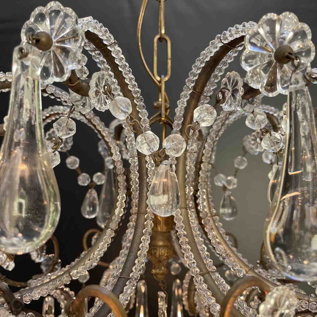 Antico Lampadario a Gabbia Perlinato con Cristalli 8 Luci-photo-1