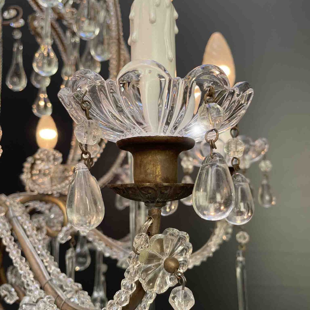 Antico Lampadario a Gabbia Perlinato con Cristalli 8 Luci-photo-2