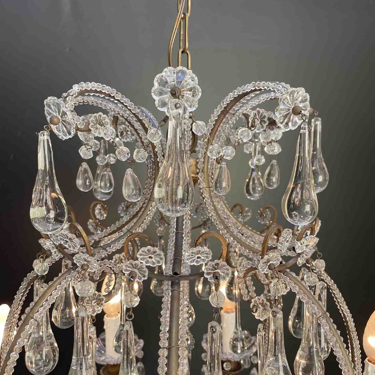 Antico Lampadario a Gabbia Perlinato con Cristalli 8 Luci-photo-3