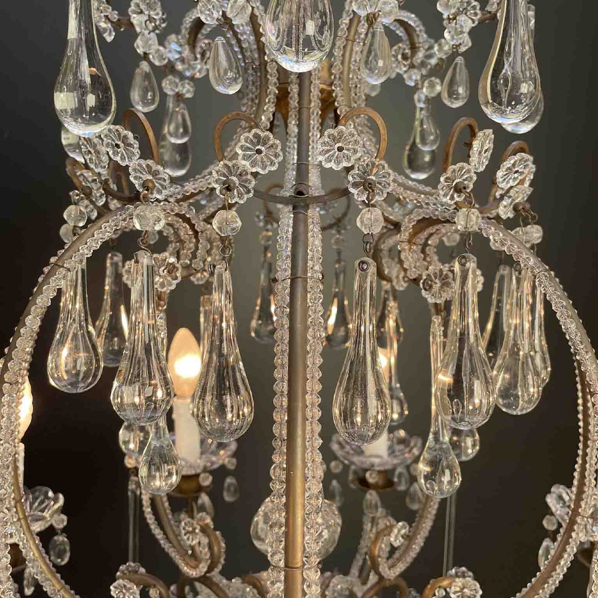 Antico Lampadario a Gabbia Perlinato con Cristalli 8 Luci-photo-4
