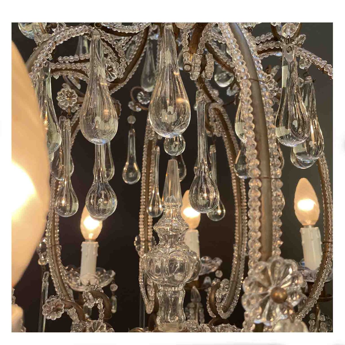 Antico Lampadario a Gabbia Perlinato con Cristalli 8 Luci-photo-5