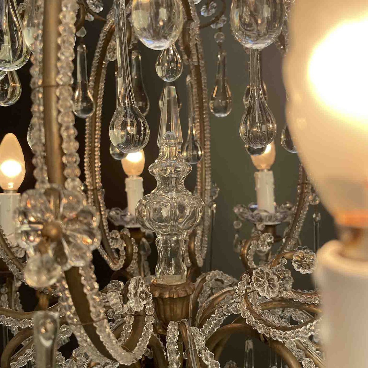 Antico Lampadario a Gabbia Perlinato con Cristalli 8 Luci-photo-7