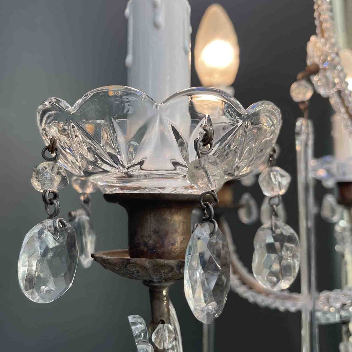 Antico Lampadario a Gabbia Perlinato con Cristalli 8 Luci-photo-8