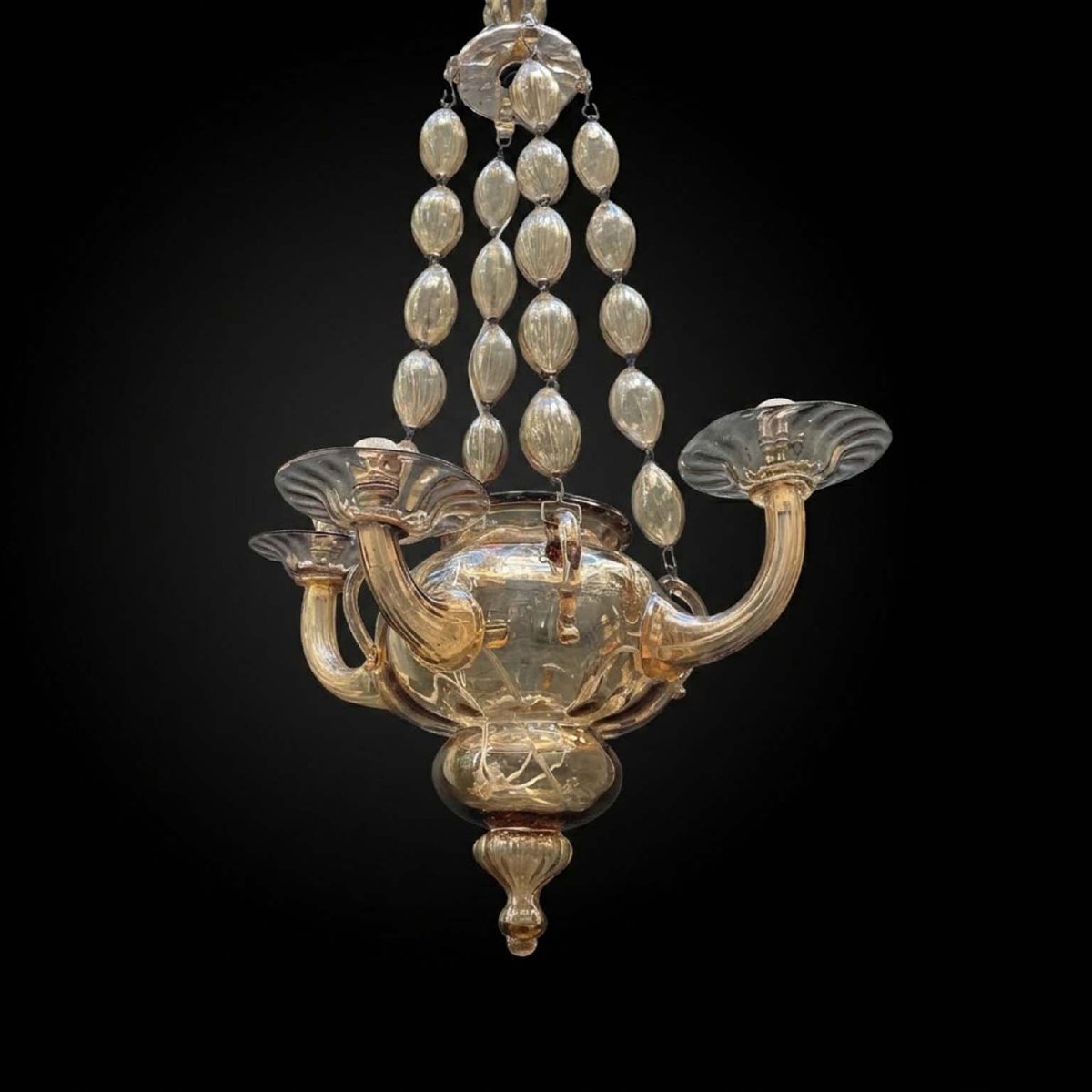Lampadario Veneziano in Vetro di Murano Color Ambra 1950 Quattro Luci-photo-2