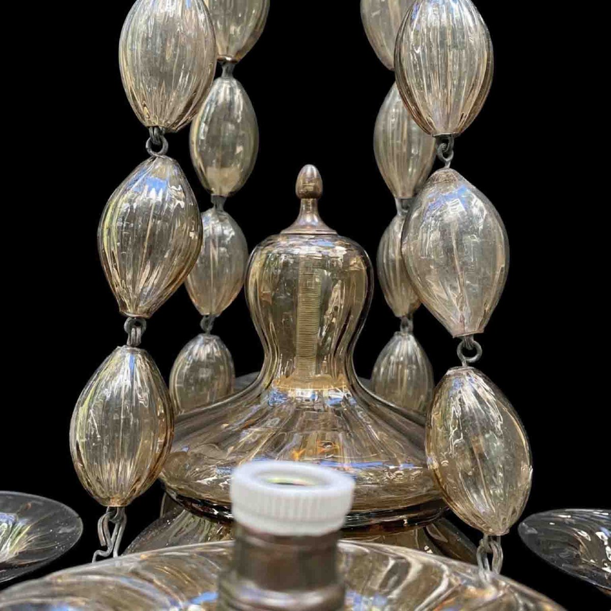 Lampadario Veneziano in Vetro di Murano Color Ambra 1950 Quattro Luci-photo-4