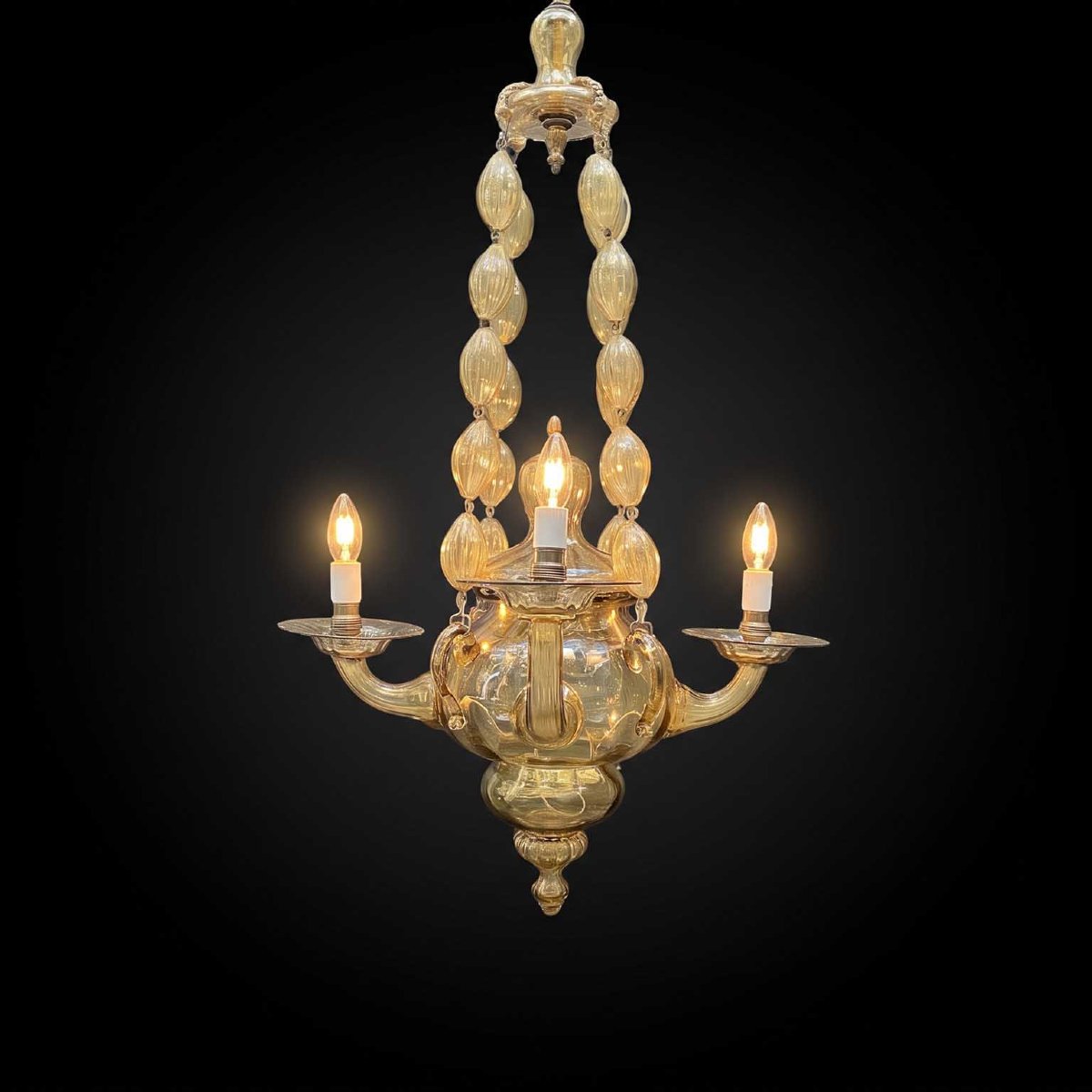 Lampadario Veneziano in Vetro di Murano Color Ambra 1950 Quattro Luci-photo-2