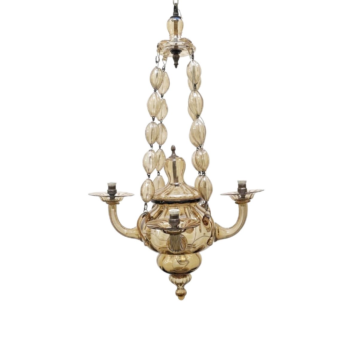 Lampadario Veneziano in Vetro di Murano Color Ambra 1950 Quattro Luci-photo-3