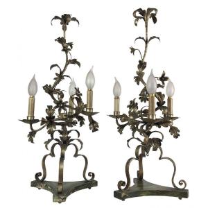 Pair Of Italian Candelabra 20th Century Silver-leaf Wrought Iron Foliate Lamps