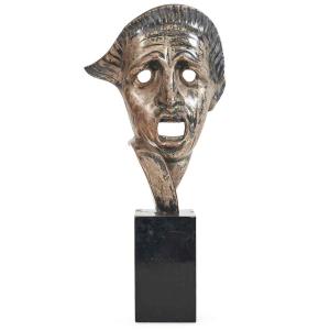 Maschera Tragica Art Deco In Ceramica Argentata del Napoletano Cacciapuoti 1930s