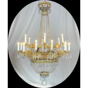 Grande Lampadario Impero Italiano 18 Luci Cristallo e Ottone Dorato XVIII Secolo