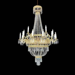 Grande Lampadario Impero Fine 1700 A 18 Luci In Cristallo E Ottone Dorato