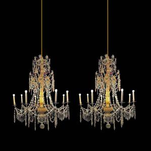 Privato: Coppia di Antichi Lampadari Impero Genovesi 1780 in Cristallo e Legno Dorato