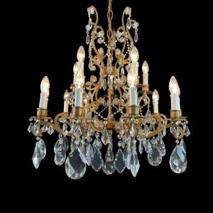 Lampadario In Ferro Dorato E Cristalli 15 luci Su Due Altezze Stile Maria Teresa