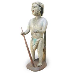 Scultura Maschile Birmana In Legno Dipinto Mandalay Fine 1800