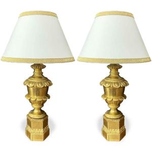  Coppia di Lampade Impero Italiane Dorate XIX Secolo in Legno Intagliato