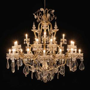 Grande Lampadario In Ottone E Cristallo A 31 Luci Restaurato 1950 Circa
