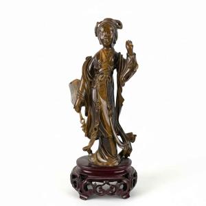 Figura Di Donna Cinese In Occhio Di Tigre 1960 Circa