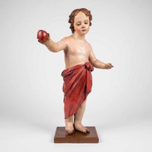 Gesù Bambino Astante con Cuore Scultura Antica Policroma