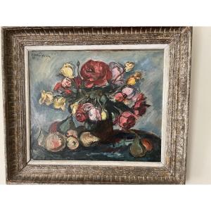 Vase Of Flowers  And Fruit By E Othon Frietz